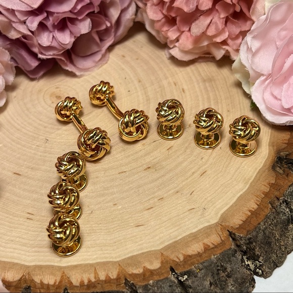 ‘Tying the Knot’ Gold Knotted Cufflinks Tuxedo Studs Formal 8 Pcs Set - Picture 7 of 17